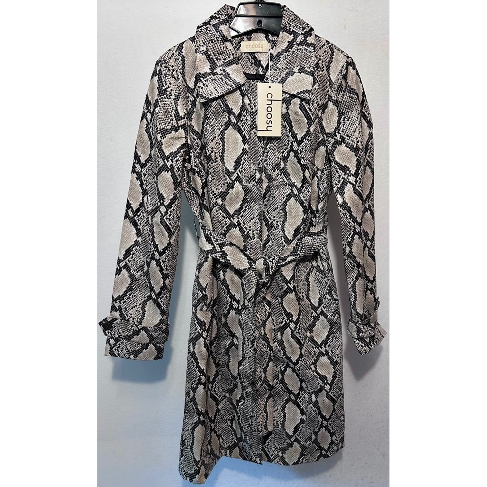 Choosy Snakeskin Print Trench Coat Neutral Faux Leather Belted Zip Front XS NWT